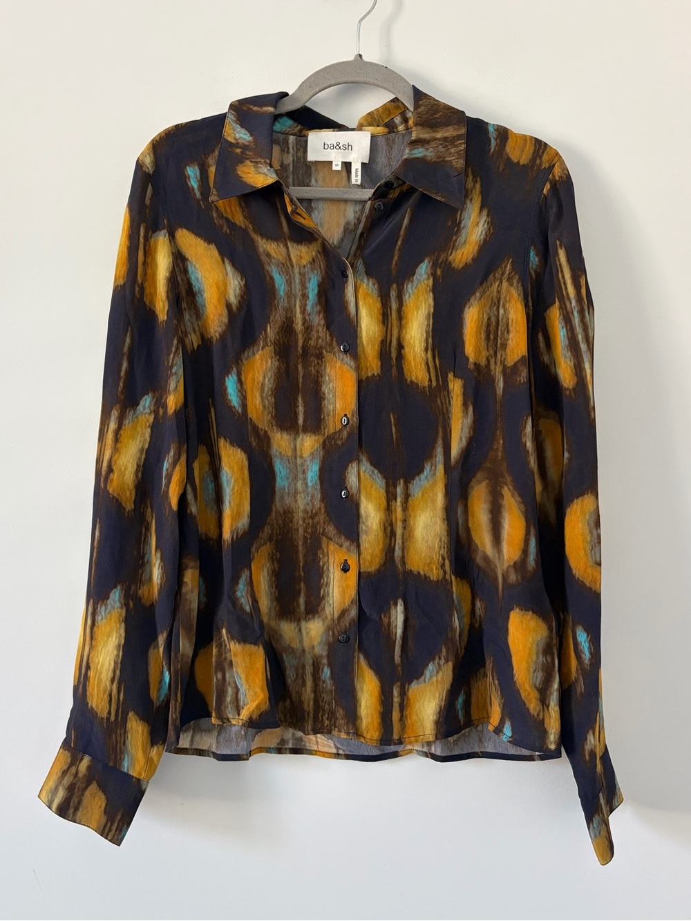 Ba&sh Teya Navy Blue Gold 70s Abstract Viscose Long Sleeve Button Down Blouse M